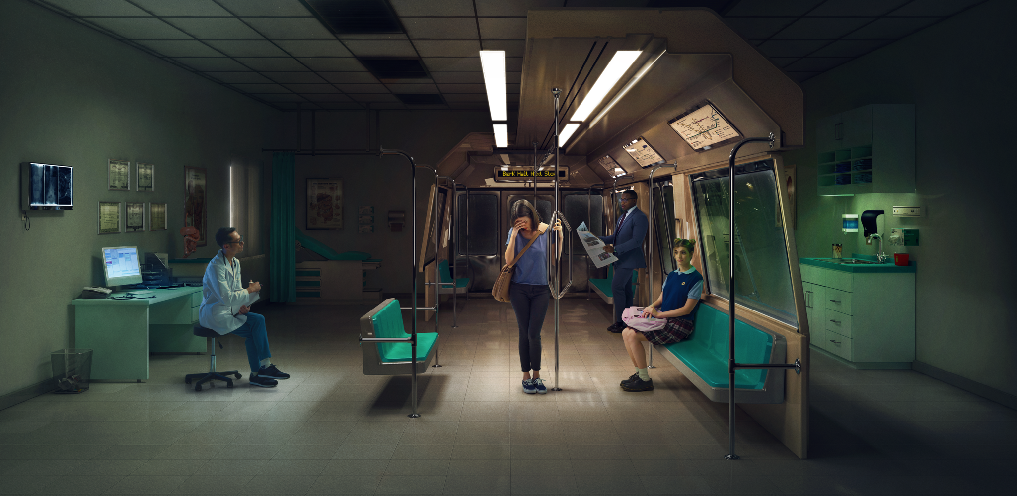 Doctor looking on at woman on metro concerned about bowel urgency